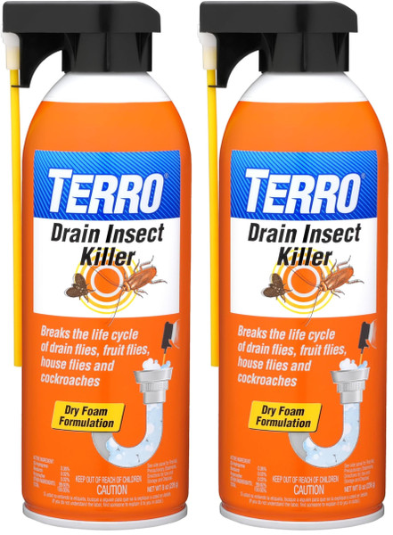 TERRO Drain Insect Killer - T590 Drain Fly Killer Spray - Foam Treatment for Fruit Flies, House Flies, and Cockroaches (Pack of 2)