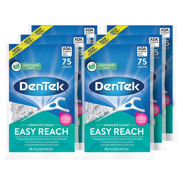 DenTek Comfort Clean Easy Reach Floss Picks | Cleans Back Teeth | 75 Count | 6 Pack | Packaging May Vary