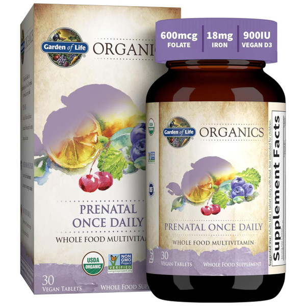 Garden of Life Organics Prenatal Once Daily with Folate, Vitamin C, B6, B12 & D3 – Prenatal Vitamins for Women with Energy Metabolism Support for Healthy Fetal Development, Non-GMO, Vegan, 30 Tablets