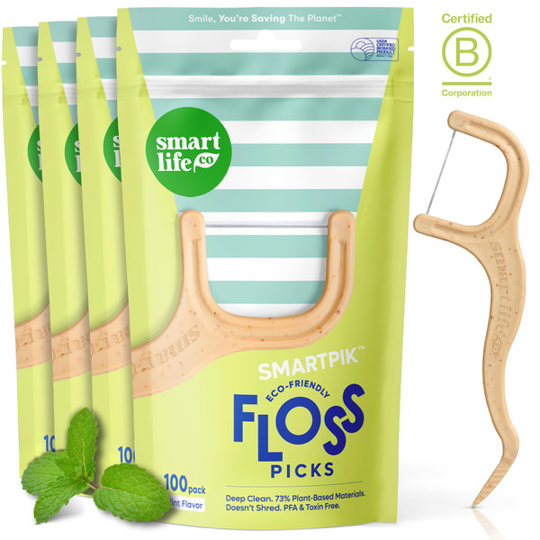 SmartLifeco Eco-Friendly Dental Floss Picks (400ct) - Flossers Made with Straw Wheat Blend, Superior Anti-Shred Thread for Tight Gaps, Tooth Pick Stick for Adults, Soft on Gum & Teeth, Vegan, Mint