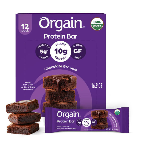 Orgain Organic Vegan Protein Bars, Chocolate Brownie - 10g Plant Based Protein, Low Calorie Healthy Snacks, No Lactose or Soy Ingredients, Gluten Free, Non-GMO - 1.41 Oz (Pack of 12)
