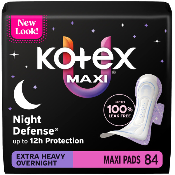 Kotex Overnight Maxi Pads, Wings, Extra Heavy, 84 Count, 3 Packs of 28