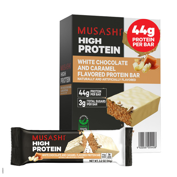 MUSASHI High Protein Bar, 44g Protein, White Chocolate Caramel