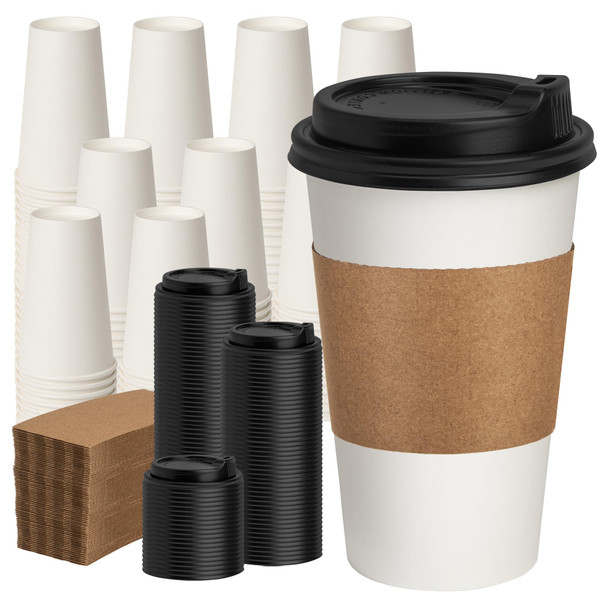 RACETOP 16 oz 100 Pack Coffee Cups with Lids & Kraft Sleeves