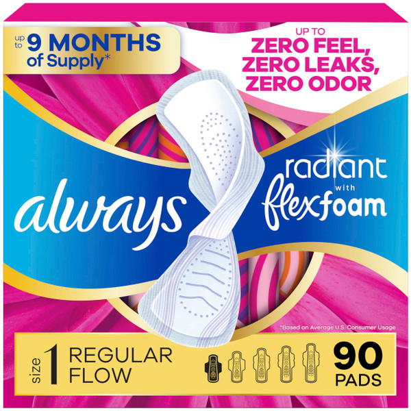 Always Radiant Feminine Pads for Women, Flexfoam Pads with Wings, Size 1, Regular Absorbency, Lightly Scented, 90 Count (3 Packs of 30)