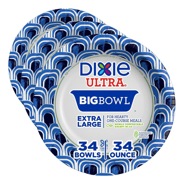 Dixie Ultra Extra Large Paper Bowls, 34 oz, 34 Count, Compostable, Microwave Safe, Disposable Bowls for Heavy Meals, Soups, Stews, and Everyday Use (Pack of 3)