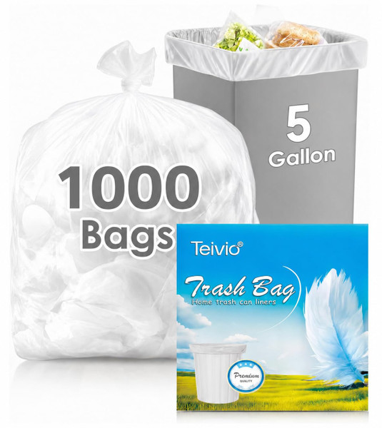Teivio 5 Gallon 1000 Counts Medium Trash Bags Garbage Bags, Bathroom Trash Can Bin Liners, Plastic Bags for home office kitchen, Clear