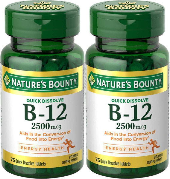 Natures Bounty Vitamin B-12, Quick Dissolve, 2500 mcg, Natural Cherry Flavor 75 ct (2 Pack)