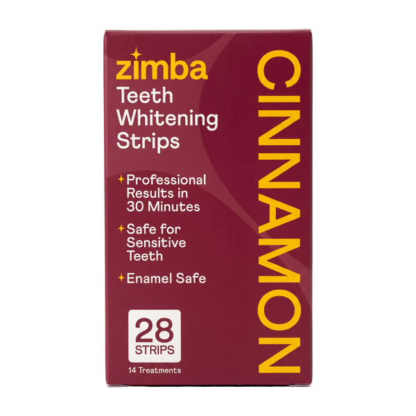 Zimba Cinnamon Flavored Teeth Whitening Strips | Vegan, Enamel Safe Hydrogen Peroxide Teeth Whitener for Coffee, Wine, Tobacco, and Other Stains | 14 Day Treatment | Cinnamon