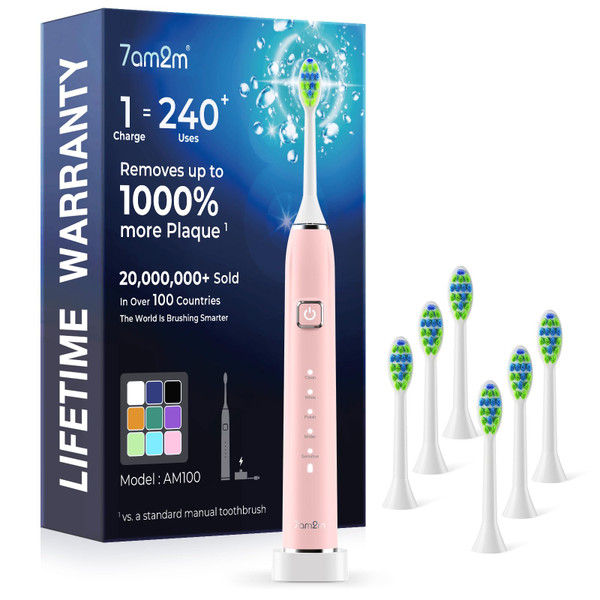 7AM2M Sonic Electric Toothbrush with 6 Brush Heads for Adults&Kids, One Charge for 120 Days, Wireless Fast Charge, 5 Modes, 40000VPM Powered Toothbrush, 2 Minutes Built in Smart Timer -Pink