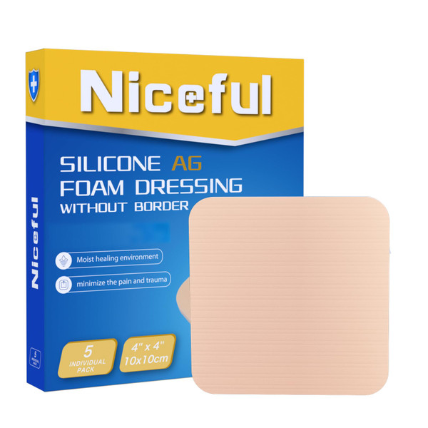Niceful Silver Silicone Foam Dressing 4"x4" 5 Count for Sensitive Skin