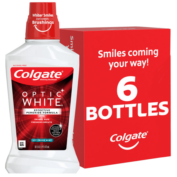 Colgate Optic White Teeth Whitening Mouthwash, Icy Fresh Mint, 6Pk, 16fl oz
