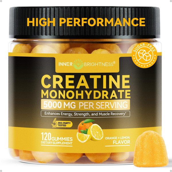 Inner Brightness Creatine Monohydrate Gummies for Men & Women 5000 mg, 3rd Party Tested, Creatine Chews for Muscle Growth, Strength & Energy Support, Sugar Free, Vegan, 120 Count