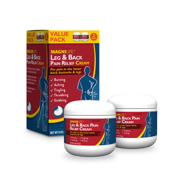 MagniLife Leg & Back Pain Relief Cream (4 oz, 2 Pack), Topical Support for Leg Pain & Lower Back Discomfort, Fast Absorbing, No Residue, Mild Scent, Massage-In Formula