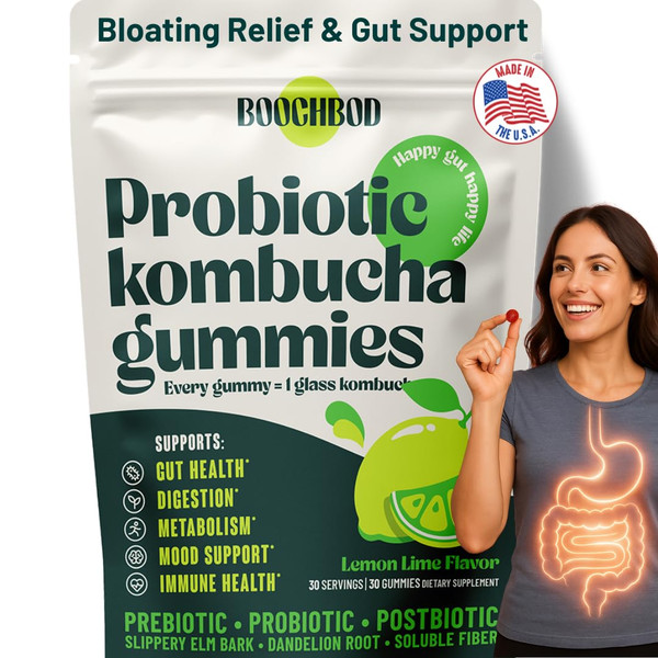 BoochBod - Probiotic Kombucha Gummy - Prebiotics, Probiotics, Postbiotics, Fiber Supplement, Slippery Elm, Dandelion Root, for Bloating, Gut Health - for Women and Men - Lemon Lime (Lemon Lime)