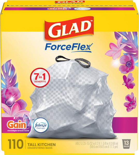 Glad ForceFlex Tall Kitchen Trash Bags, 13 Gallon, Gain Moonlight Breeze, 110 Ct (Package May Vary)
