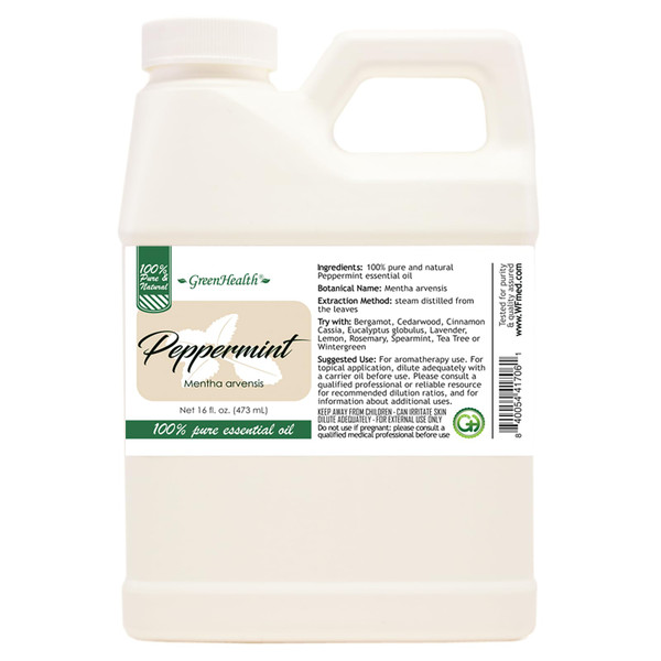 GreenHealth Peppermint Essential Oil – 16 fl oz | 100% Pure & Uncut | Heavy-Duty Plastic Jug | FDA Compliant, Space-Saving Container | for Aromatherapy, Soap, Candles, Cleaning, DIY