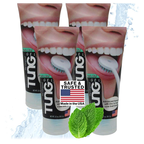 Tung Tongue Gel with Zinc, Fresh Mint Cleaner Gel Paste for Bad Breath Odors, Coating & Buildup, Fresh Breath Oral Care, USA Made, 4 Pack