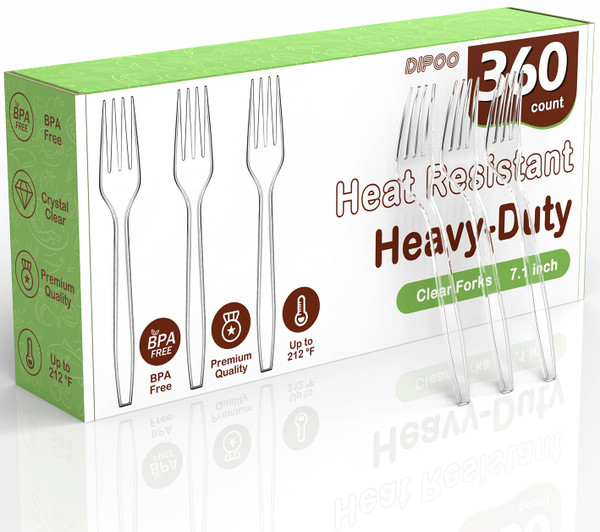 Dipoo 7.1" Clear Plastic Forks Heavy Duty, 360 Count