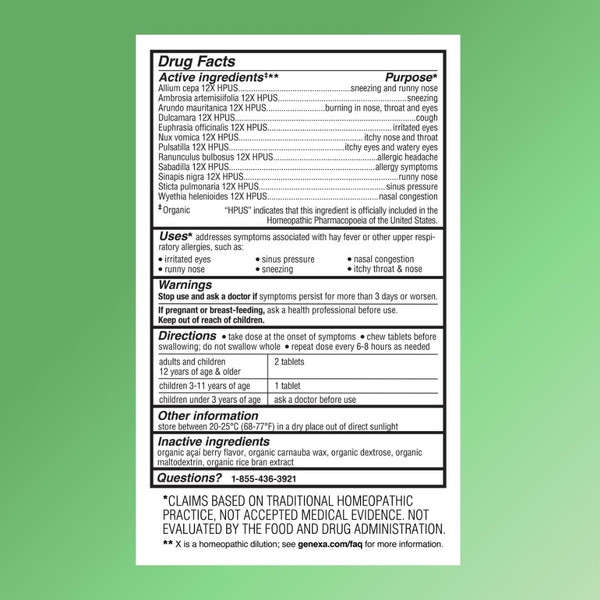 Genexa Allergy Care | Drug Free, Non-Drowsy Allergy & Decongestant Relief for Adults | Vegan & Non-GMO | Homeopathic Allergy Relief Made Clean | Organic Acai Berry Flavor | 180 Chewable Tablets