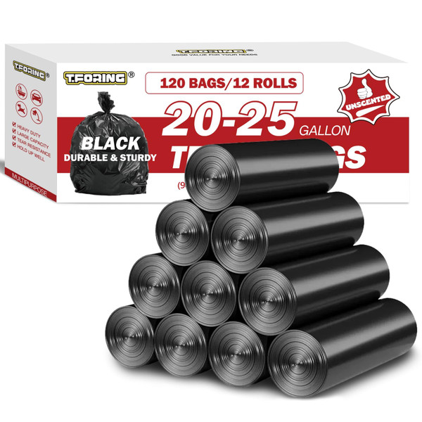 T.FORING 20-25 Gallon Trash Bags Unscented, 30'' x 33'', Black, 120 Count