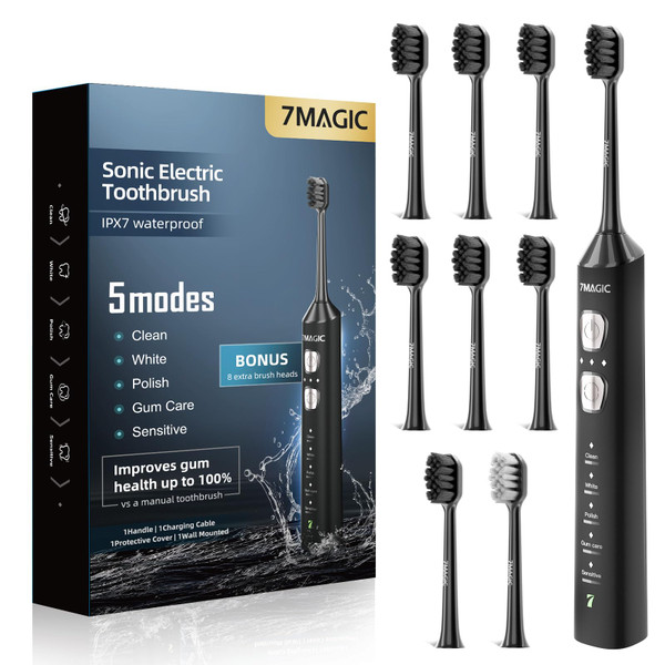 7MAGIC Sonic Electric Toothbrush, 180-Day Runtime, 42000VPM, 8 Heads, Black