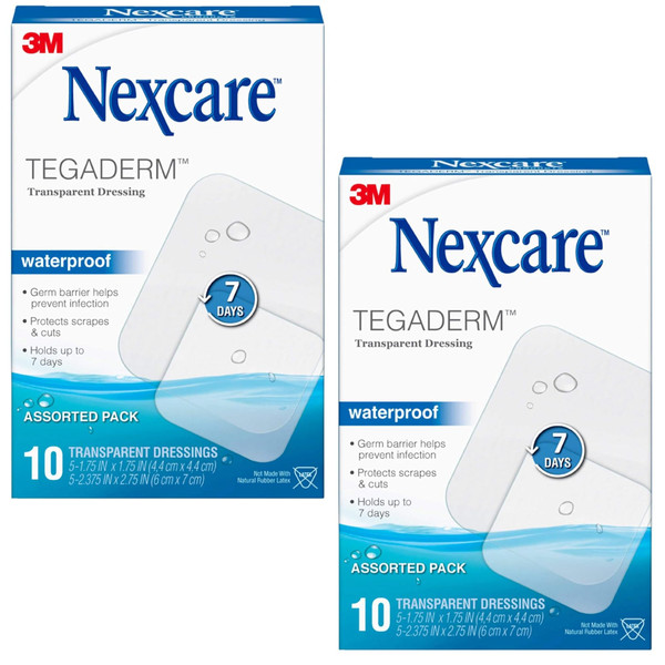 Nexcare Tegaderm Transparent Dressing, Clear Film Lets You See Wounds Heal, Waterproof Dressing Holds Fast for 7 Days - 10 Dressings, 2-Pack