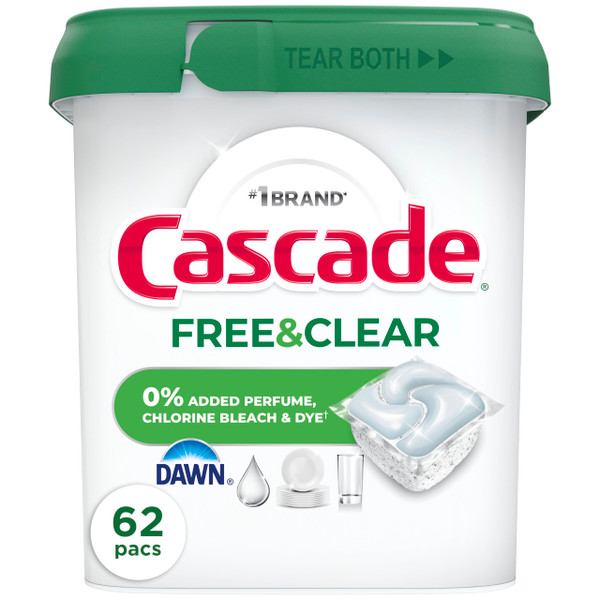 Cascade Free & Clear Dishwasher Pods, Dishwasher Detergent, Dish Detergent Soap, Unscented, 62ct