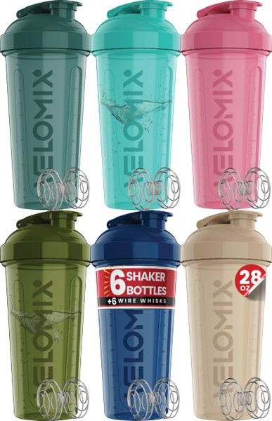 VELOMIX 6 Pack 28oz Shaker Cups for Protein Shakes, Turquoise to Pink