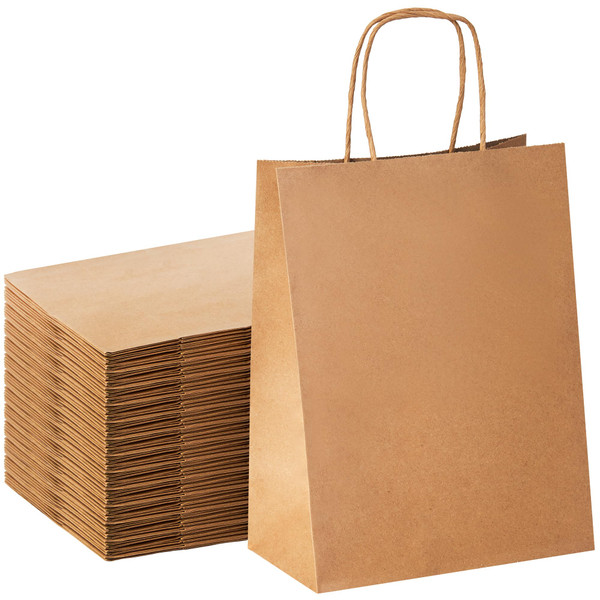 YEEHAW 100 pcs Brown Paper Gift Bags with Handles, 8"x4.5"x10.8", Medium