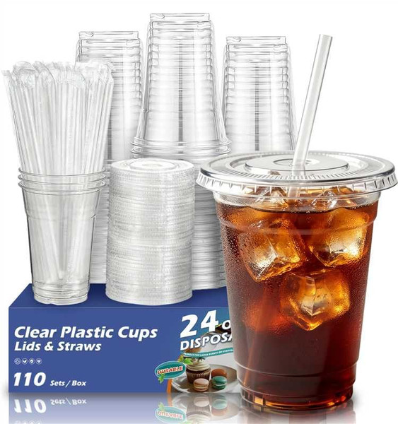 Voatree 110 Pack 24 oz Disposable Clear Plastic Cups with Lids and Straws