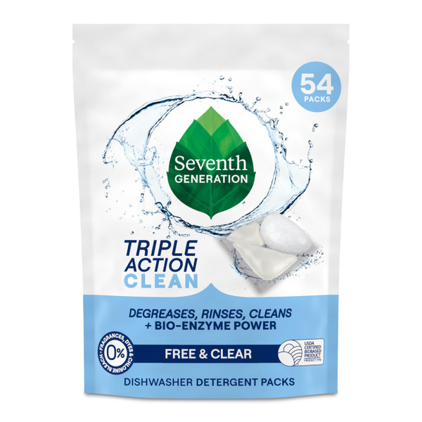 Seventh Generation Triple Action Clean Automatic Dishwasher Detergent Packs with Bio-Enzyme Power, Free & Clear, Fights 48-hour Stuck-on Food, 54 count