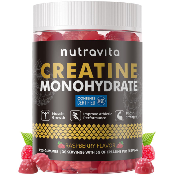Nutravita Creatine Monohydrate Gummies for Men & Women-5g of Creatine Monohydrate per Serving - Sugar Free,Vegan, Raspberry Flavor, 120 Count