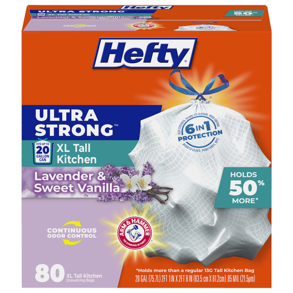 Hefty Ultra Strong 20G XL Tall Kitchen Trash Bags, Lavender Vanilla, 80ct