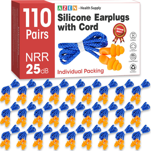 AZEN 110 Pairs Silicone Ear Plugs, Reusable Earplugs for Noise Reduction, 25dB NRR Corded Ear Plug for Sleeping Noise Cancelling, Ear Plug with String Individual Packing