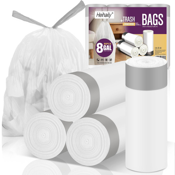 8-Gallon Garbage Bags Medium Drawstring-Trash-Bag - 80 Counts Strong Heavy Duty Unscented Contractor Recyclable Plastic Liner for Restroom Waste Basket Clear White, 4 Rolls heihaily