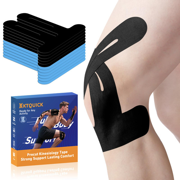 KTQUICK Precut Kinesiology Tape for Knees, 12PCS, 20% Stronger, Black&Blue