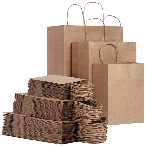 FACEBAG 120-Pack Brown Kraft Paper Bags with Handles Bulk,3 Assorted Sizes Gift Bags for Favors Grocery,Retail,Party,Birthday,Shopping,Business,Craft Merchandise Take Out Sacks