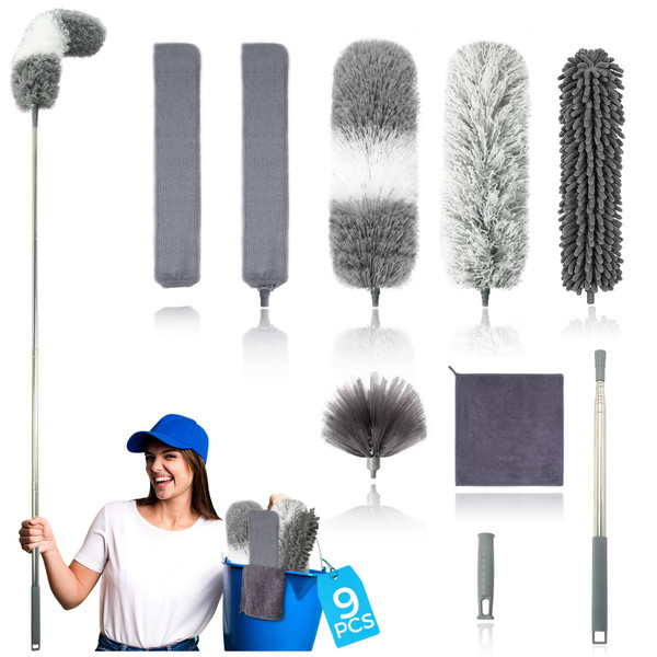 9Pcs Dusters for Cleaning Kit, Extendable Microfiber Duster Tools with 100" Long Pole, Retractable Gap Bendable Dust Cleaner, Reusable Washable Cleaning Supplie for Ceiling Fan Furniture Cars and Home