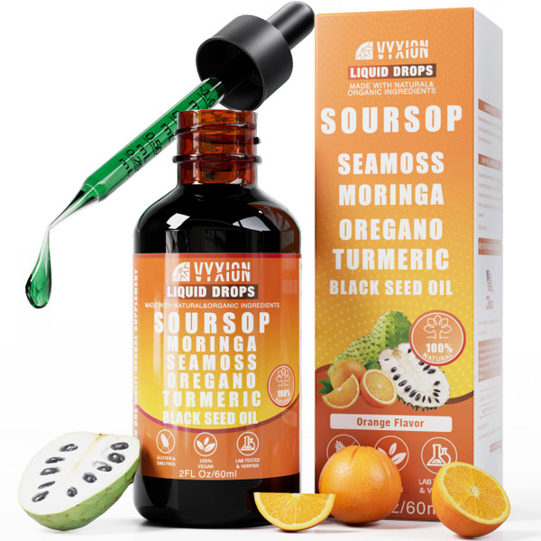 Soursop Bitters Liquid Drops 10 in 1 with Sea Moss, Moringa, Turmeric, Black Seed Oil, Oregano, Ashwagandha | Herbal Extracts for Overall Health-Enhancing | Vegan, Non-GMO | 2 Fl Oz (Orange Flavor)