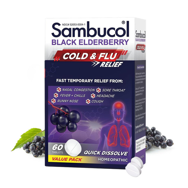 Sambucol Cold and Flu Relief Tablets - Homeopathic Black Elderberry Cold Medicine, Drowsy Free Remedy for Adults with Zinc, Quick-Dissolving Tablets for Men and Women - 60 Count