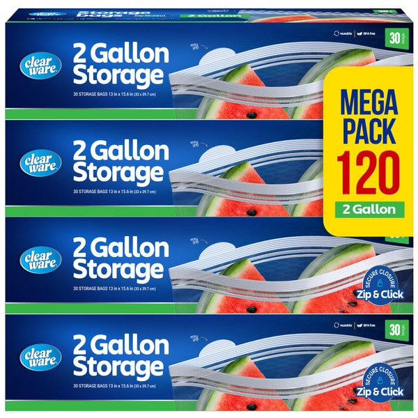 2 Gallon Storage Bags, Double Zipper Seal - 120 Count, (4 Packs of 30) Resealable Thick Plastic Food Storage Bag, BPA Free - Resealable Containers for Lunch, Snacks, Meals