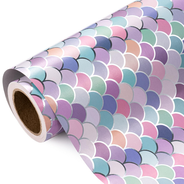 WRAPAHOLIC Mermaid Wrapping Paper Roll - 30 Inch x 33 Feet - Colorful Mermaid Scale Wrapping Paper with Silver Foil Design for Birthday Girls, Baby Shower, Kids Birthday