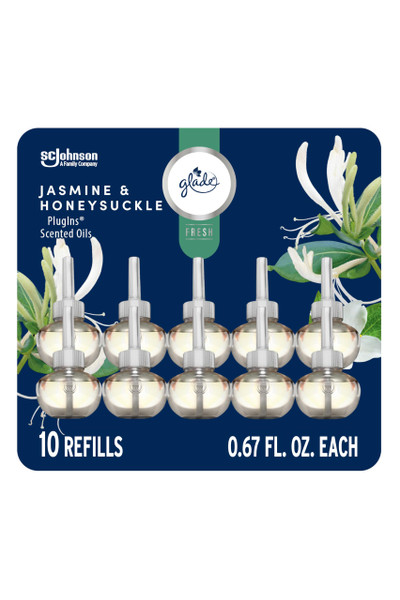 Glade PlugIns Refills Air Freshener, Jasmine & Honeysuckle, Scented and Essential Oils for Home and Bathroom, 0.67 Fl Oz, 10 Count
