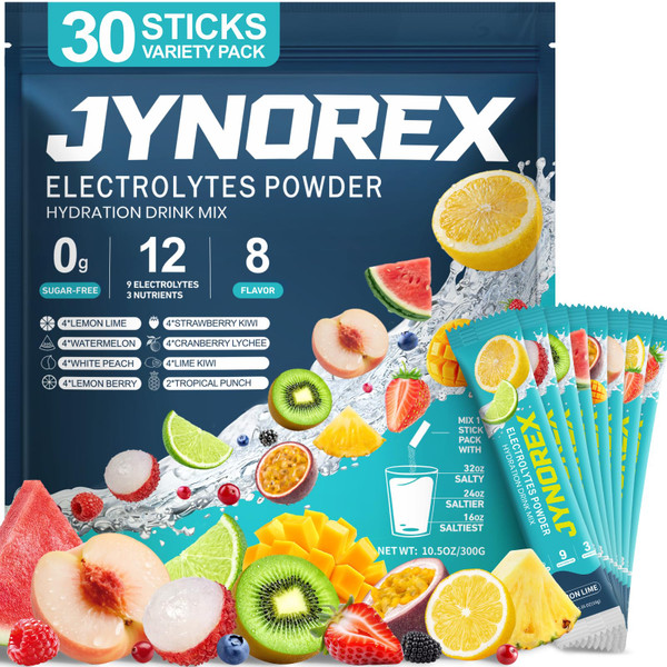 JYNOREX Electrolytes Powder Packets Sugar Free, 30 Sticks High Sodium Hydration Packets, Electrolyte Drink Mix with Lemon Lime Watermelon Peach Berry Kiwi Tropical Punch Lychee Cranberry, 10.5OZ