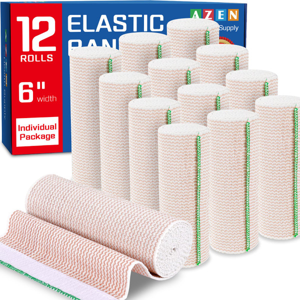 AZEN Premium 12 Pack Elastic Bandage Wrap 6 Inch, Compression Wrap Bandage for Legs, Ankle, Knee, Tummy, Body, Latex-Free, Lymphedema Wraps for Legs