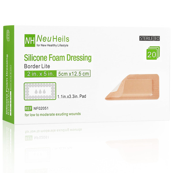 NeuHeils Border Lite Silicone Foam Dressing 2"x5", 20 Packs, Latex Free