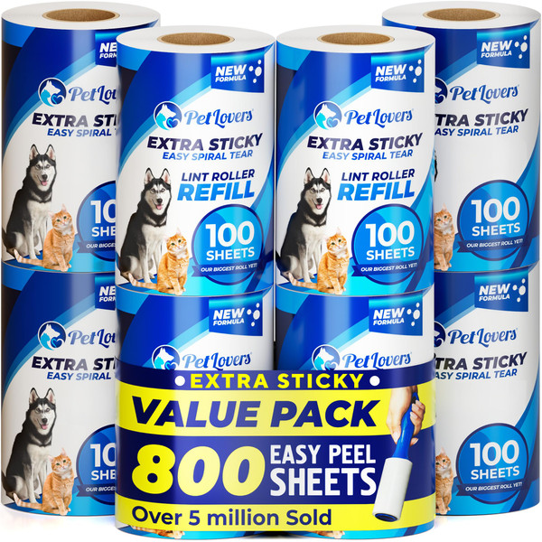 PetLovers Extra Sticky Lint Roller Mega Value Set for Pet Hair Removal, Dog and Cat Lint Remover (8 Pack Refills)