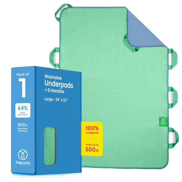 Improvia Positioning Bed Pad, with 8 Reinforced Handles, Quick-Drying, Washable, Waterproof, for Lifting, Turning, Transfering, Elderly and Incontinence Patients (Green, 34" x 52" - Pack of 1)