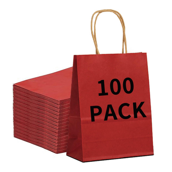 BAG BOX 100 Pack Medium 8.25x4.3x10.6 Inch Red Kraft Paper Gift Bags with Handles for Bulk Shopping, Retail, Craft, Party Favors, Wedding, Grocery & Sacks